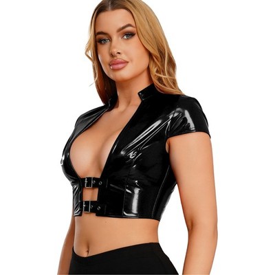 DE Crop Top Leder Damen Oberteil Pu Leder Bustier Kurzarm Y2k Cut Out T-Shirt
