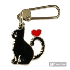 Black Cat Clip Charm Zipper Pull Purse Bag Enamel Red Heart Halloween Cat Lady