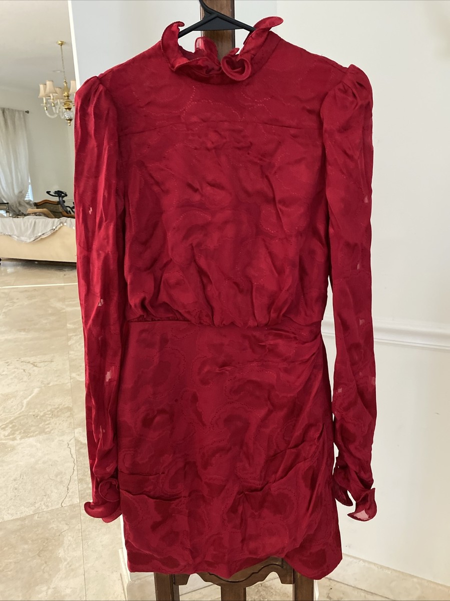 Saloni Red Dress Silk Blend Long Sleeves Ruffle Neck &Cuffs Lined SZ 0 NWOT