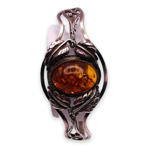 Natural Baltic Amber Leaf 925 Sterling Silver Cuff Woman Bangle Bracelet 6" - Picture 9 of 9