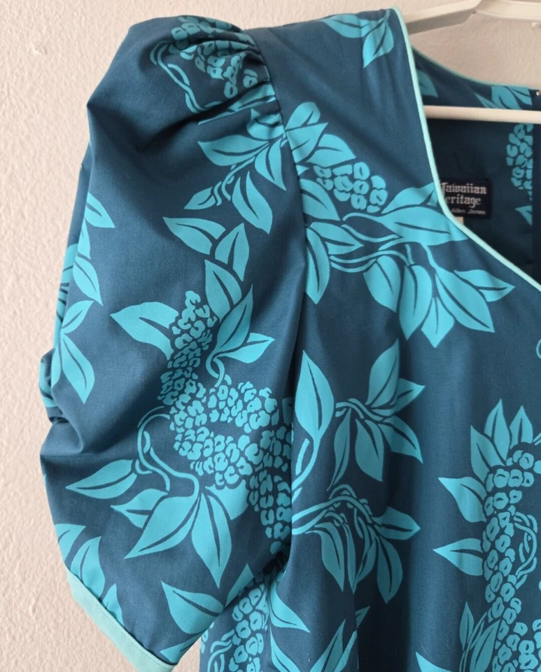 Vestido floral verde herança havaiana vintage 12 tiki assimétrico bainha de babado EUA - Imagem 3 de 4