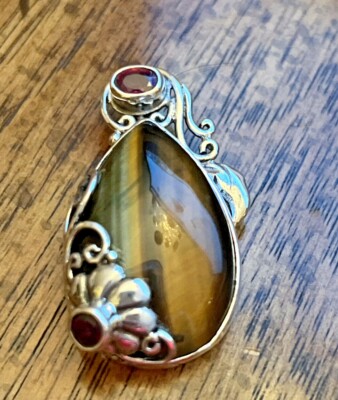 BALI LEGACY South African Tiger's Eye and Niassa Ruby Pendant in Sterling Silver