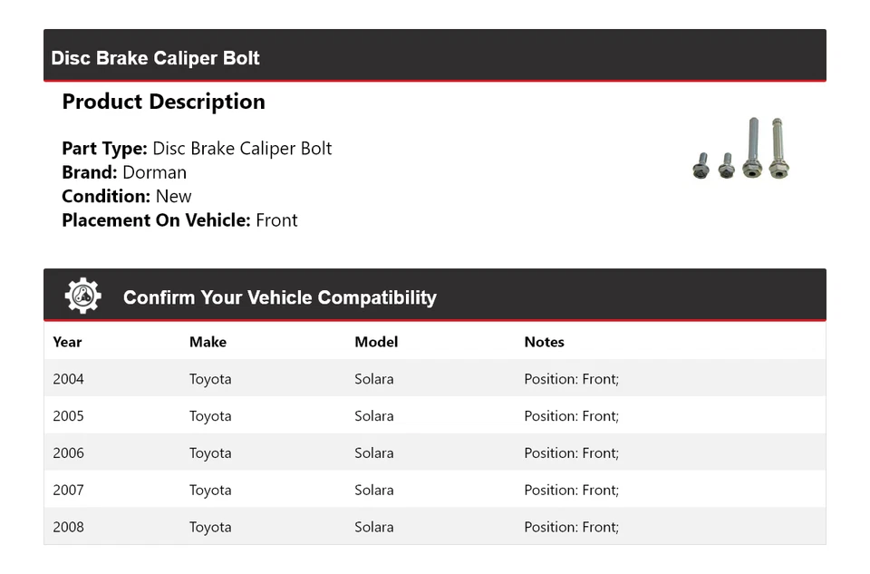 Pinza de freno de disco delantera para Toyota Solara Dorman 2004-2008 2005 2006 2007 Foto 2 de 4