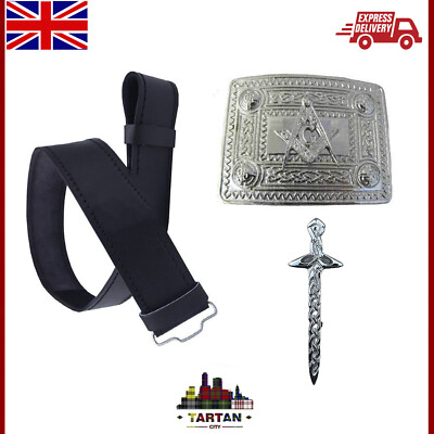 Set 3 Pcs Scottish Masonic Chrome Kilt Belt Buckle Leather Belt Celtic