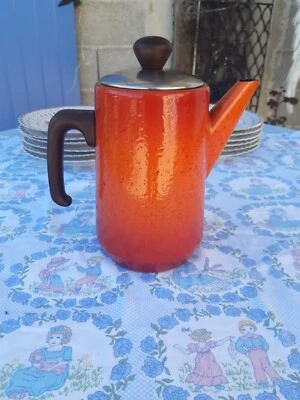cafetiere emaillée ancienne vintage orange tachetée - Photo 1/4