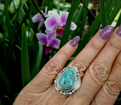 Native American Navajo Indian Mountain Turquoise Sterling Signed Size 