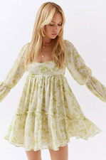 Urban Outfitters Lannette Green Fairy Print Long Sleeve Mini Dress NWOT Xlarge