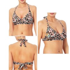 NWT - Halter Bikini Top Swimwear - Tropical Animal Print, Mesh Detail - Sz Small