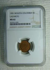 1901-B COLUMBIA 5 CENTAVOS LAZARETO ~ ENCAPSULATED NGC MS62 ~ RARE LEPER COLONY