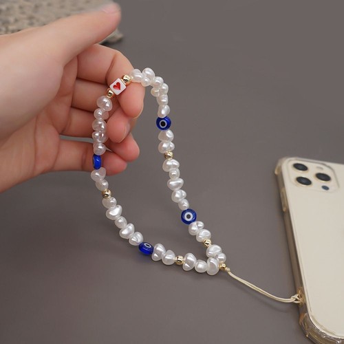 Blue Color Pearl Phone Chains Evil Eye Anti-Lost Rope Beaded Chain Mobile Strap - 第 3/16 張圖片