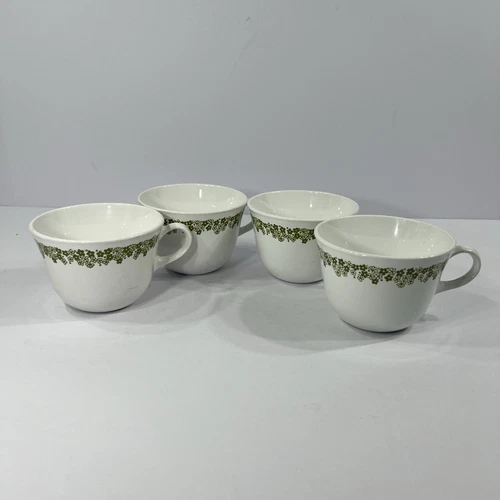 4 Pc. Vintage PYREX Spring Blossom Green Crazy Daisy Coffee Cups Mugs