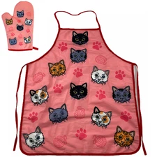 Cat Yarn Kitchen Apron Oven Mitt Funny Pet Cat Kitty Animal Lover (Oven Mitt +