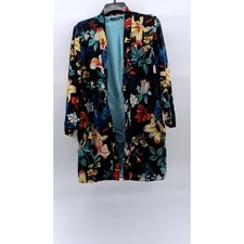 ZARA TRF OUTERWEAR Women s Black-Multi Floral Open-Front Long Blazer SZ S
