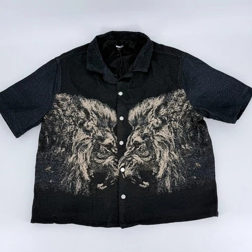 Novamen Tapestry Lion Jacket L Woven Graphic Black Denim Look Streetwear Shacket image 4