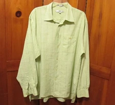 Geoffrey Beene Mens Shirt  XL ( 17-17.5) Green Linen Cotton Button Long Sleeves