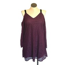 Burgundy Lace Cold Shoulder V Neck Long Sleeve Mini Dress Women's Size L
