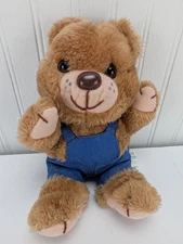 Vintage Dan Brechner Teddy Bear Plush 9" Stuffed Animal Blue Overalls Brown Nose