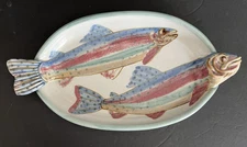 Studio Pottery Trout Fish Platter Figural Handles Allen Williams 14" Stoneware