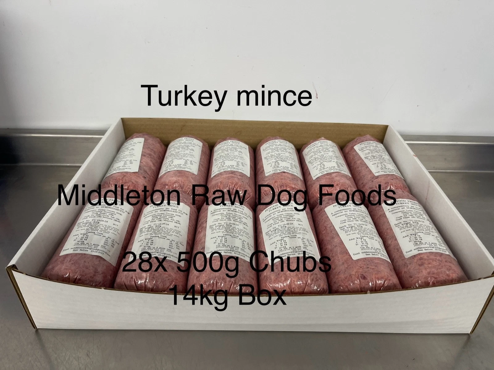 Frozen Dog Food Turkey Mince 28 x 500g chubs 14kg box. BARF RAW DIET deliver
Opens in a new window o