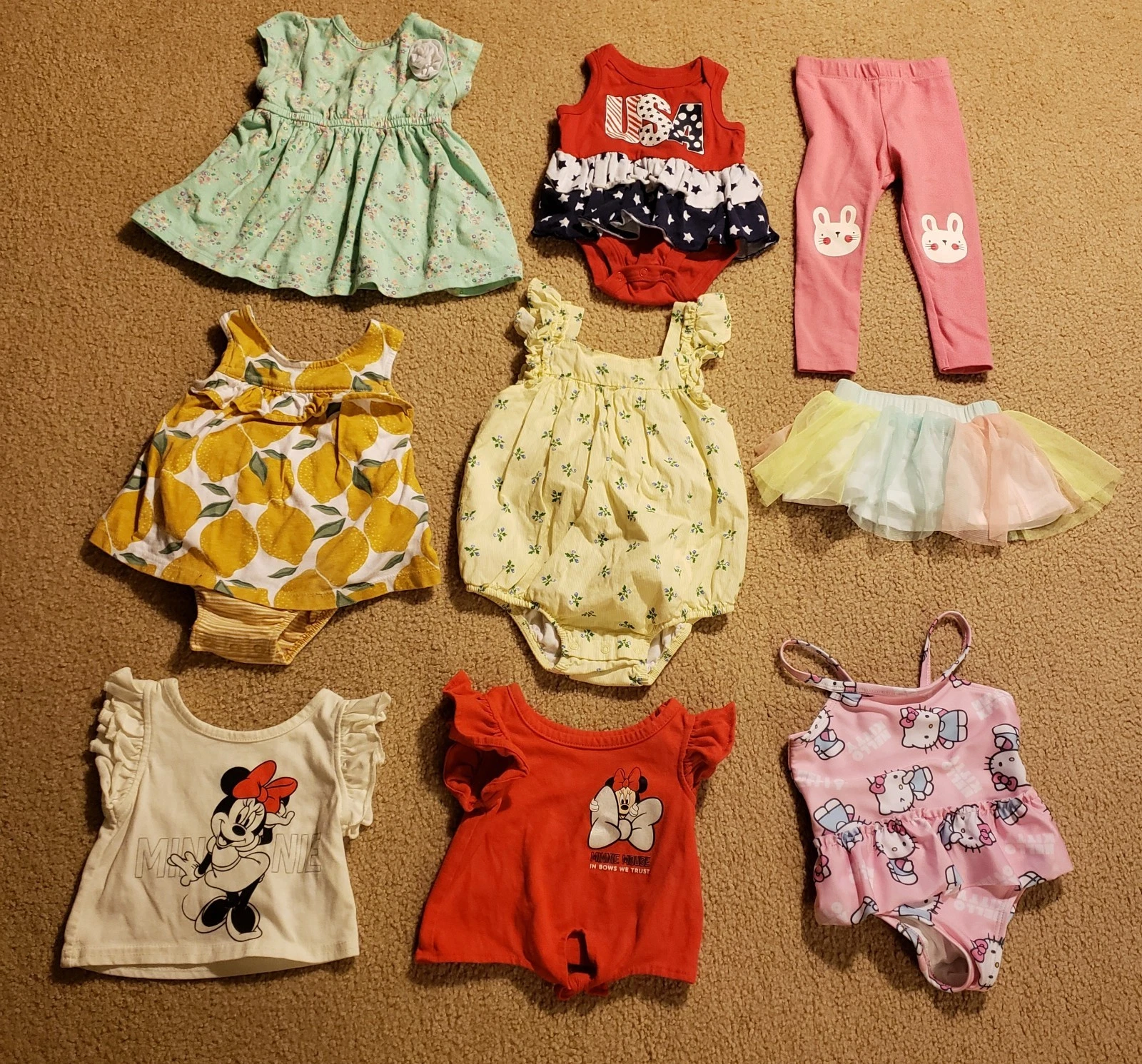 Lot Of 9 Baby Girl's Clothing Assortment Sizes from 0-3 Months To 18 Months
