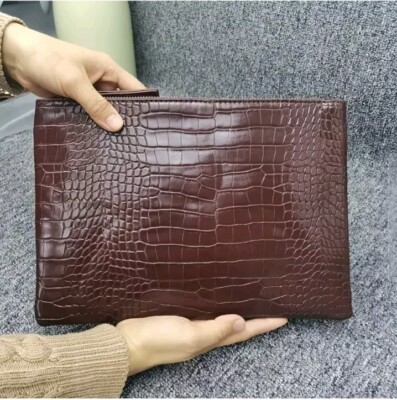 Coffee Red Crocodile Vegan Leather Zipper Pouch Clutch Bag Reddish Brown New