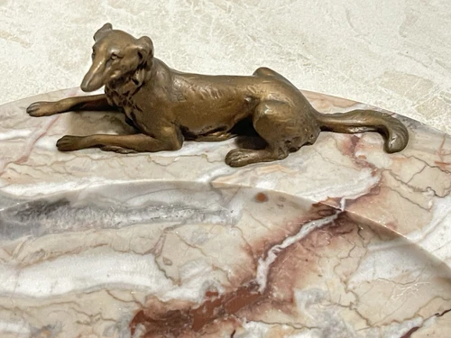 Antique Dog Bronze on Marble Stone Desk or Dresser Dish 11”