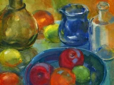  11"x15" Still Life - Linda Henry WATERCOLOR PAINTING - Antique bottles & Fruit
