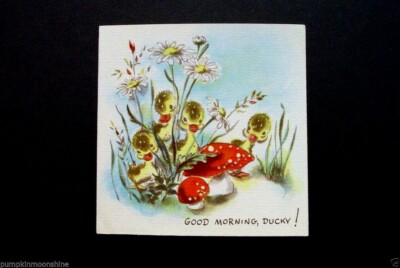 #H953- Unused Brownie Get Well Greeting Card Cute Ducklings near Mushroom