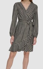 Tommy Hilfiger Women's Black Check Ruffle Hem Shift Wrap Dress Size 18