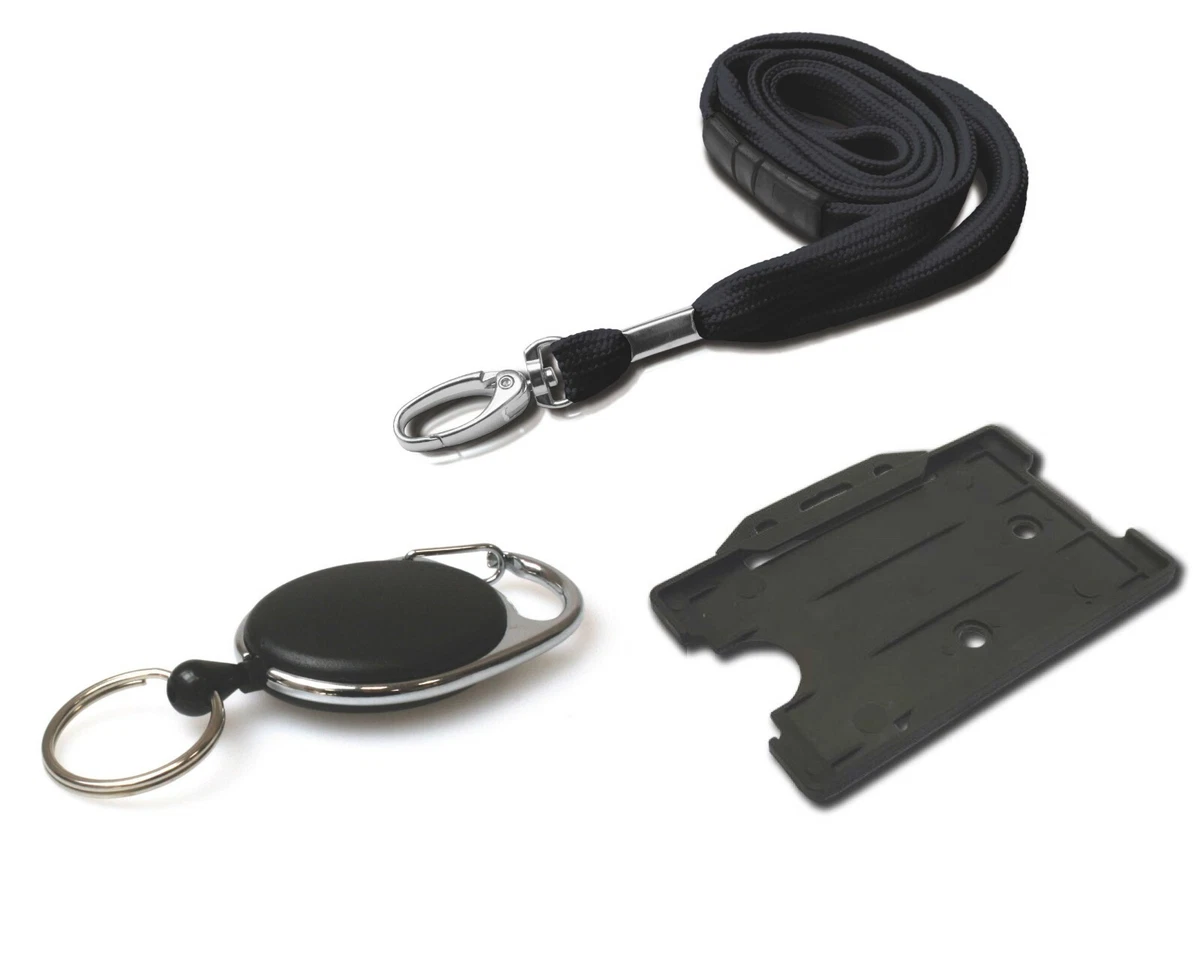 ID Neck Strap Lanyard, ID Card Holder & Retractable Key Reel Badge Holder  Black