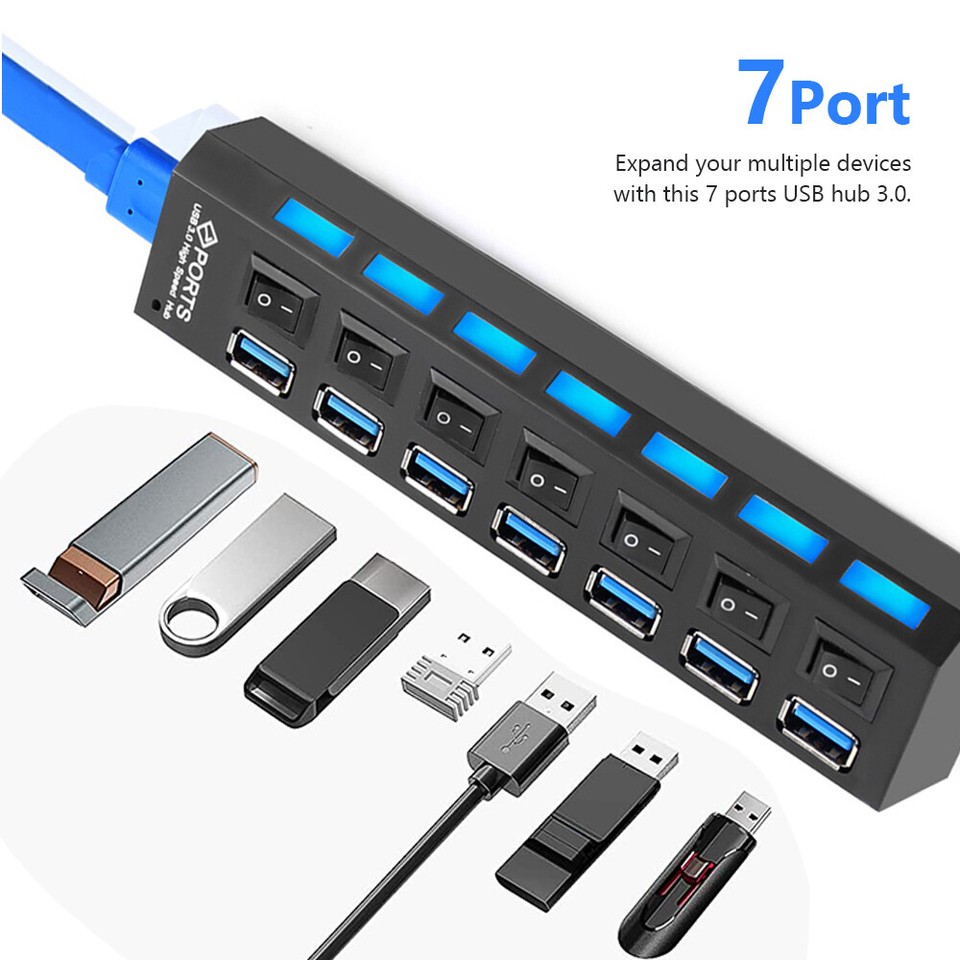USB 3.0 Hub 7 Port On/Off Switch High Speed Splitter AC Adapter Cable ...