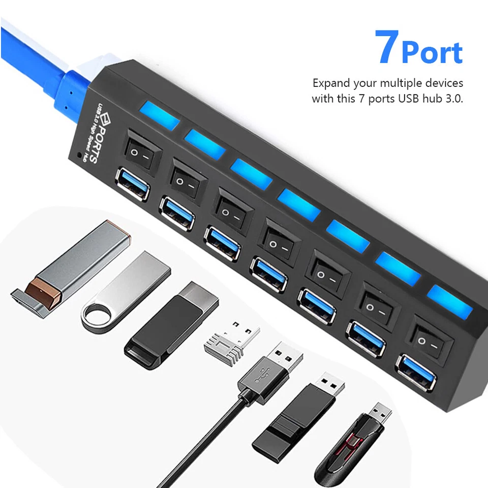 USB 3.0 Hub 7 Port On/Off Switch High Speed Splitter AC Adapter Cable PC Laptop - Image 2 of 4