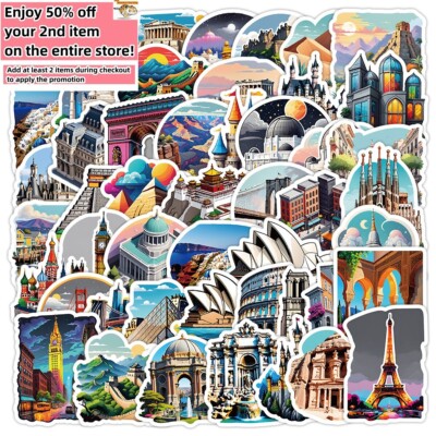 50 Pcs Stickers Iconic Landmarks Travel Trip Vacation Luggage Phone Car Fridge