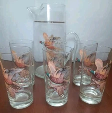 Vintage West Virginia Glass Pheasants In Flight Set of 6 Glasses & Pitcher