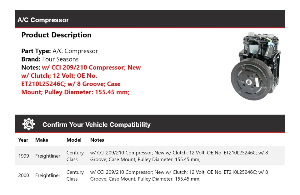 Compresor de aire acondicionado Freightliner Century Clase 1999-2000 4 estaciones Foto 2 de 4
