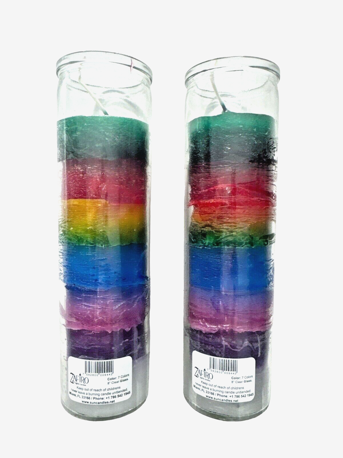 Zafiro Light Candels 7 Color Rainbow Chakra Unscented 8" Clear Glass/2