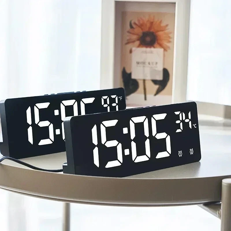 Large Digital Alarm Clock LED Temperature Voice Control Dual Alarm Snooze 12/24H - Image 3 of 4
