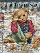 VTG Blue Jean Teddy Bear Baby Blanket Nursery Crib Quilt Handmade 33"x43" EUC