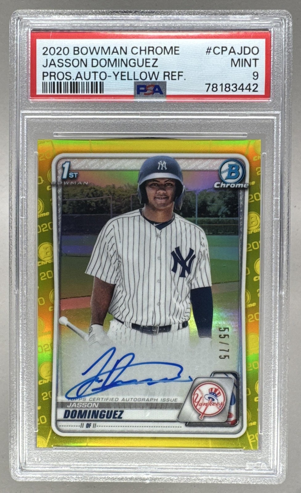 Jasson Dominguez 2020 Bowman Chrome Yellow Refractor 1st RC Auto 55/75 PSA 9