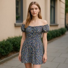 Speechless Womens Dress Sz M Blue Off Shoulder Floral Button Down the Front Y2K