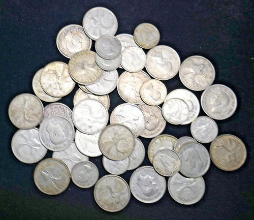 Lot of 43 Canadian 10 + 25 Cents Coins -- 80% Silver  Content 1938-1963