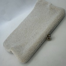 Vtg Cream White Clutch Purse Beaded Sequin Kiss Lock Clasp 1960s Bridal Bag Japa