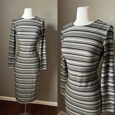 Vintage Style Knit Dress Bodycon Stripe Metallic Long Sleeve Midi Evening Y2K