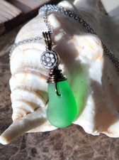 Sea Glass Necklace on Chain Flower Accent Bead Hawaiian Beach Ocean Tropical