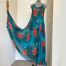 Vintage Sheer Teal Maxi Slip Dress S Bohemian Red and Gold
