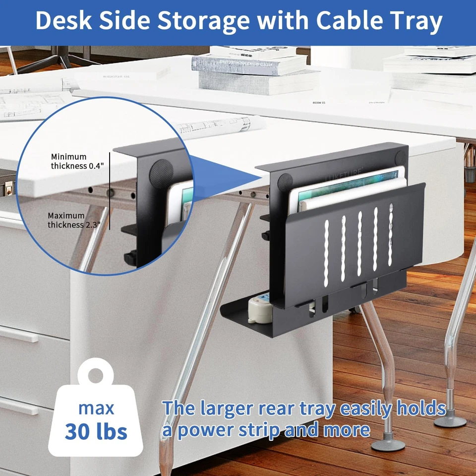 Desk Side Storage, Laptop Holder with Cable Management Tray, 2 in 1 Steel Und... - Image 2 of 4