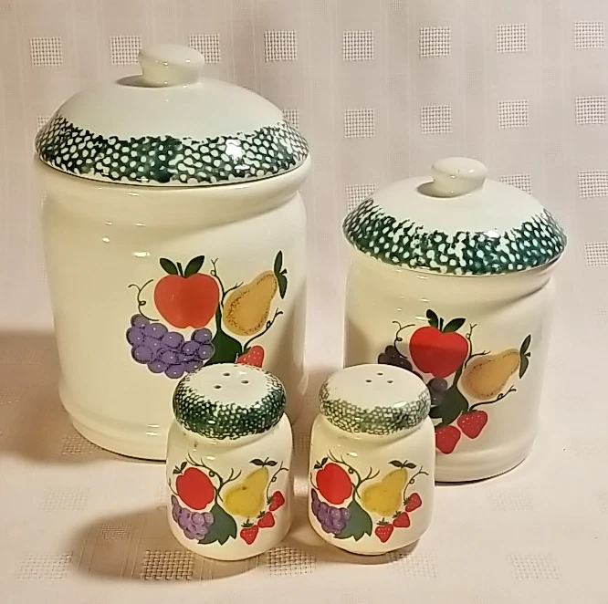 2 White Stoneware Canisters w/ Lids AND Salt & Pepper Set Fruit Pattern