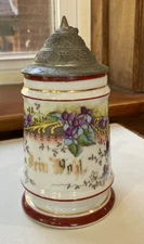 Lithophane German Lid Stein Mother with Infant "Dein Wohl" 6" Tall Excellent