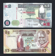 BANK OF ZAMBIA 2 KWACHA 2012 P-49 POLYMER SERIES AA + 5 KWACHA 1980 P-25 FDS UNC