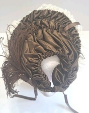 Vintage Doll Bonnet Brown Satin with White Lace Cap Hat W/ Ribbon